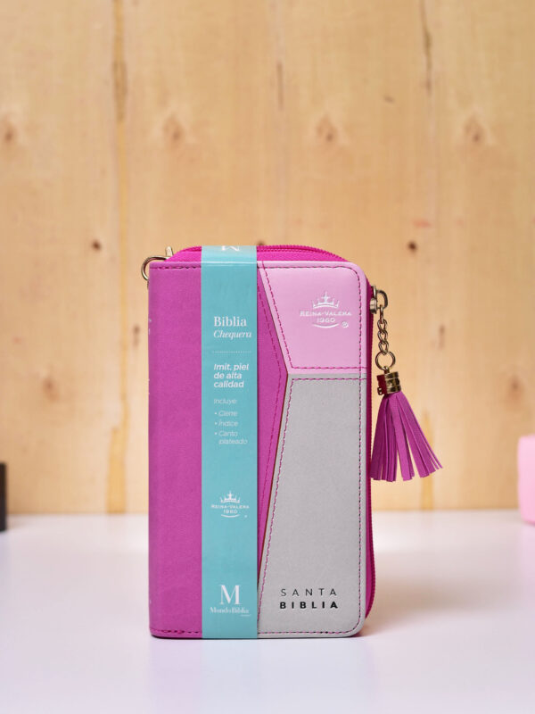 BIBLIA RV 60 TIPO CHEQUERA ROSA FUCSIA GRIS CIERRE INDICE