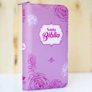 BIBLIA 035 TIPO CARTERA ROSADO FLORES INDICE CANTO PLATEADO QR